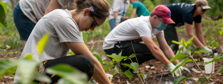 Mangrove saplings being planted by volunteers along a muddy coastline